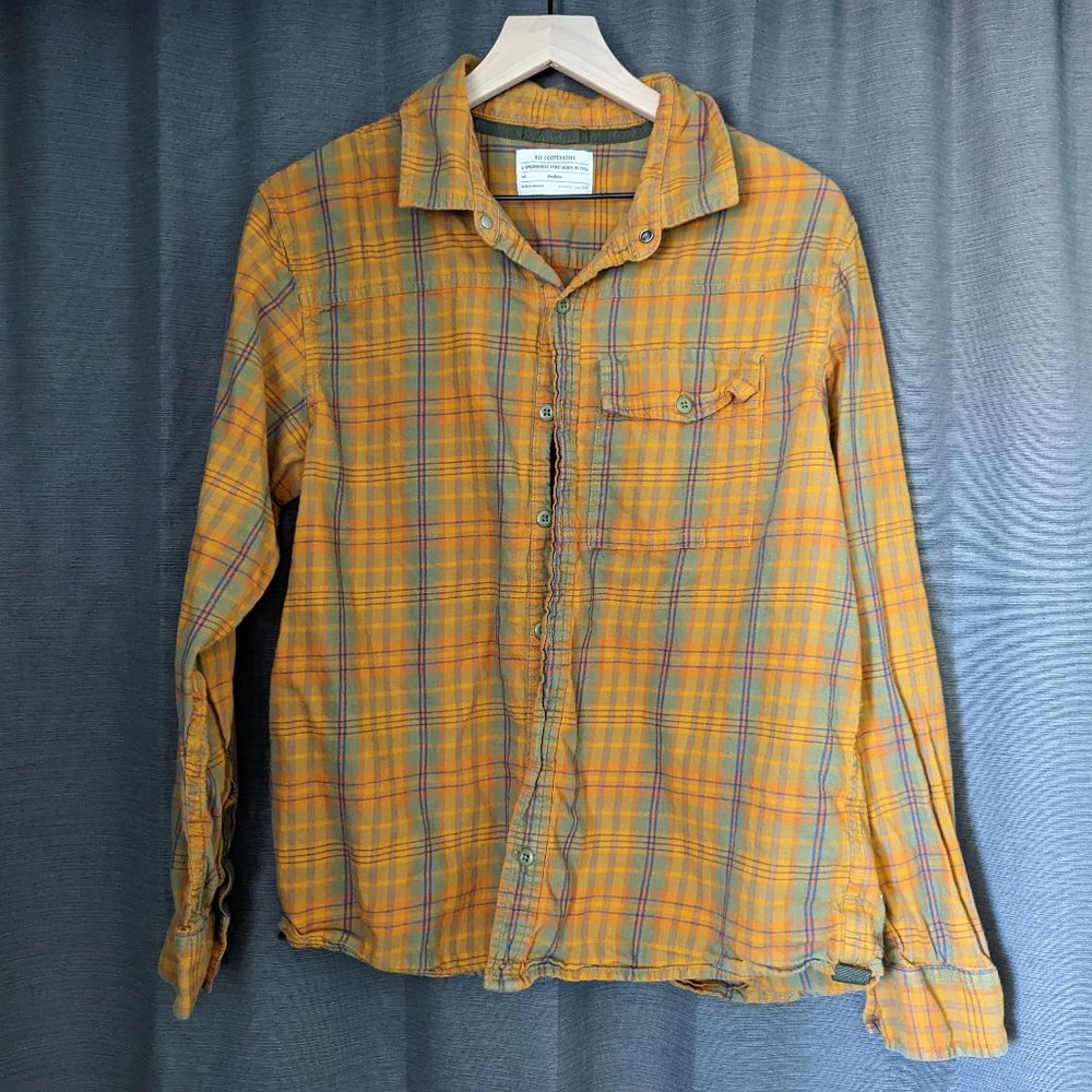 Men's REI Cooperative Size M Yellow Plaid 100% Cotton Flannel Long-Sleeve Shirt